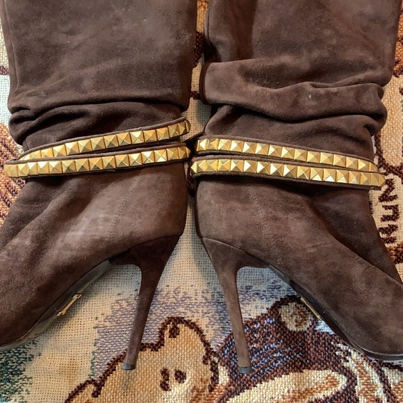 Vintage Iceberg Scrunchy Brown Suede Stiletto Boot gold stud wrap strap heel 8 - Picture 13 of 16